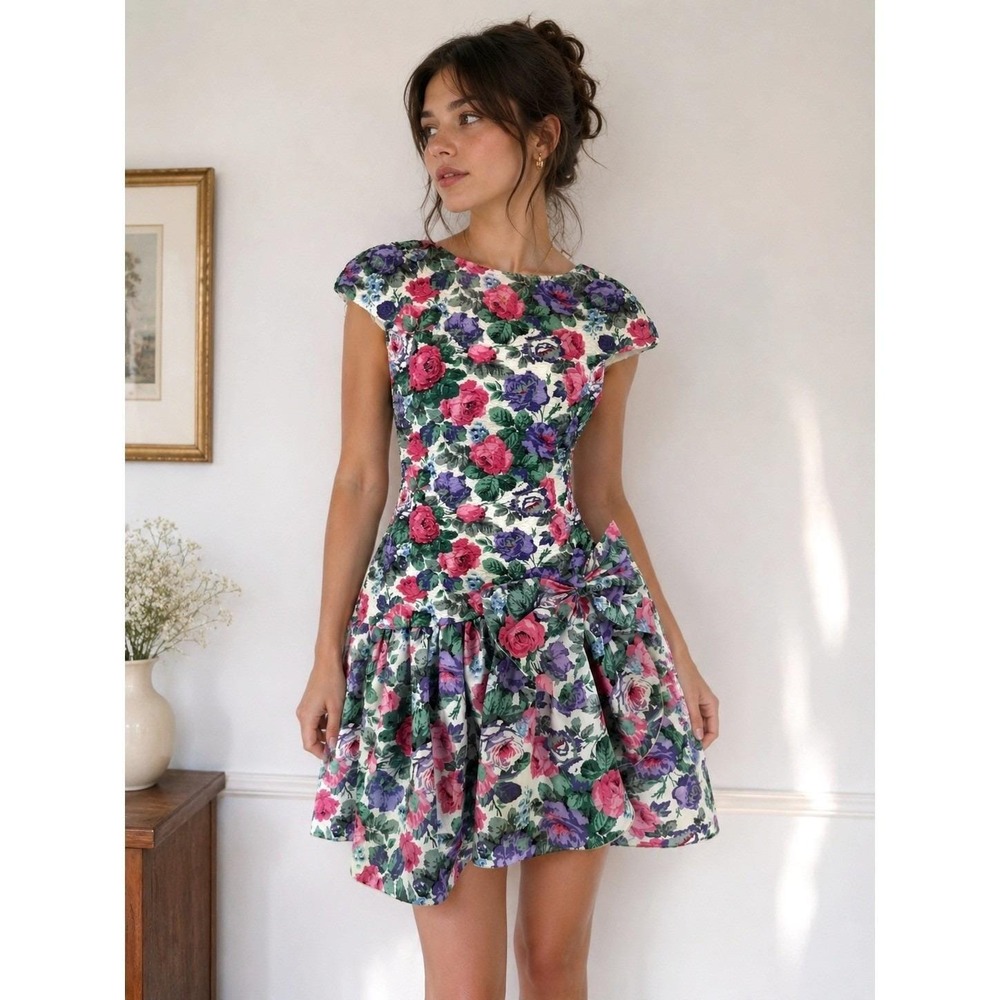 Vintage 80s Huey Waltzer Darcy Floral Party Dress Jr 7/8 Bow Retro Coquette USA